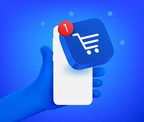 Poster - Comic hand with smartphone with shopping app. 3d vector illustration
