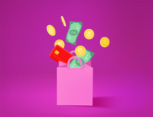 Aufkleber - Currency falling to the shopping bag. Vector 3d illustration