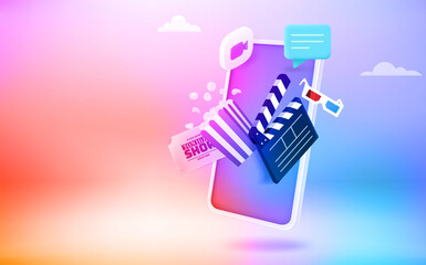 Poster - Using smartphone for entertainment. 3d vector vertical banner with copy space