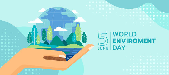 Wall Mural - world environment day - hand hold the environment on earth consists of water, tree, mountains and big globe on abstract curve and dot texture background vector design