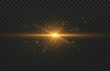 Flash Light With Fairy Dust Sparks And Golden Stars Shine. Dusty Shine Light. Gold Glowing Light Explodes On Png Background. Transparent Shining Sun, Bright Flash. Vector Light On Png.