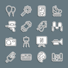 Wall Mural - Set line Pirate treasure map, Trumpet, Jump rope, Tetris electronic game, Skateboard, Water gun, Balloons and Toy horse icon. Vector