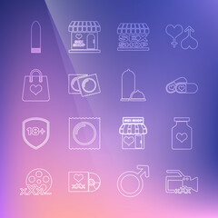 Poster - Set line Video camera with Sex, Bottle pills for potency, Pills, shop building, Condoms package, Shopping bag heart, Dildo vibrator and safe sex icon. Vector