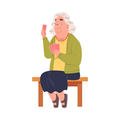 Sticker - Senior Woman Character Playing Cards Game Sitting on Chair Vector Illustration