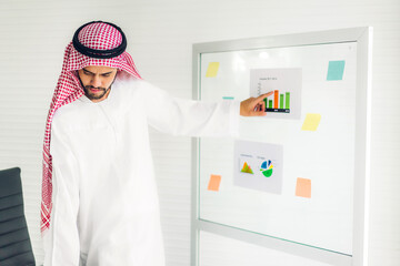 Wall Mural - Handsome confident arab businessman working and looking.Creative coworkers arabic business people thinking and planning at modern work loft.