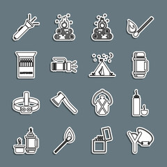 Sticker - Set line Slingshot, Thermos container, Campfire, Flashlight, Open matchbox and matches, and Tourist tent with flag icon. Vector