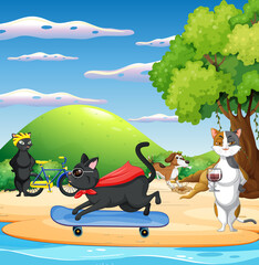 Wall Mural - Domestic animals cartoon character on the beach