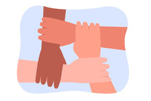 Hands Of Four Friends Holding Wrists. People Of Different Nationalities Or Cultures Flat Vector Illustration. Friendship, Diversity, Teamwork, Global Communication Concept For Banner Or Landing Page