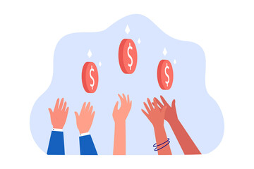 Wall Mural - diverse hands reaching for gold coins. people getting financial help or investment flat vector illus