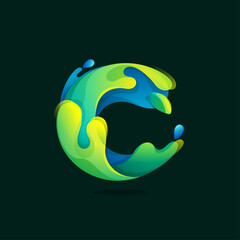 C letter eco logo made of green and blue splashes, pure water waves and dew drops with fresh leaves. Wildlife rescue icon with glow and gradients.