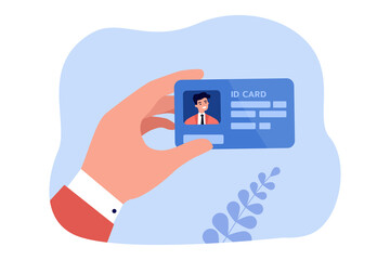 Wall Mural - hand of company worker holding id card. pass with photo and information of male employee flat vector