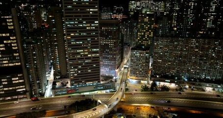 Wall Mural - Sheung Wan, Hong Kong Drone fly over Hong Kong city at night