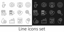 Set Line Head With Marijuana Or Cannabis, Magnifying Glass And, Monitor, Medical Bottle, Glass Bong For Smoking, Herbal Ecstasy Tablets And Icon. Vector