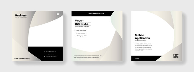 set of clean social media layouts with pink gradient, layered curved elements, free copy space, edit