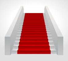 Vector Illustration Of Simple Gray Staircase With Vivid Red Carpet Going Up And Leading To Upper Storey Designed For Modern Building