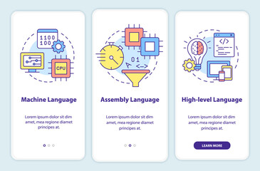Types of computer languages onboarding mobile app screen. Walkthrough 3 steps graphic instructions pages with linear concepts. UI, UX, GUI template. Myriad Pro-Bold, Regular fonts used
