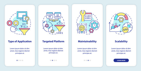 Programing language choice criteria onboarding mobile app screen. Walkthrough 4 steps graphic instructions pages with linear concepts. UI, UX, GUI template. Myriad Pro-Bold, Regular fonts used