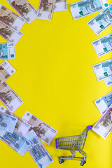 Wall Mural - Still life: grocery cart and Russian money on a yellow background with a place for text