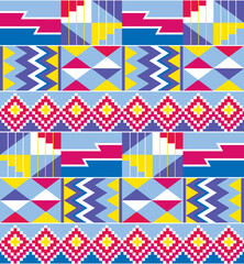 Wall Mural - African tribal design Kente cloth nwentoma textile style vector seamless design in blue, pink and purple, geometric pattern inspired by Ghana traditional clothing
