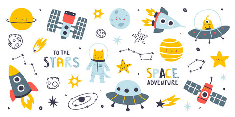 Wall Mural - cute abstract space set. cosmic scandinavian vector collection. doodle space stickers bundle.