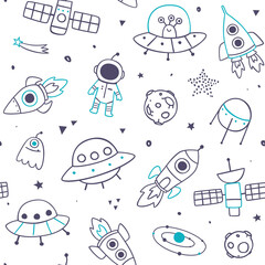 Wall Mural - outline doodle space pattern. cosmic seamless print for kids textile and apparel.