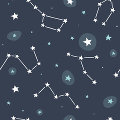 Wall Mural - space pattern with constellations. astronomy vector seamless print with stars in night sky.