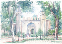 Sultan's Topkapi Palace Gate, Historical Landmark 15th Century Topkapi Palace Of The Ottoman Empire Now In Istanbul, Turkey. Watercolor Drawing For Tourism Design.