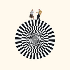 Contemporary art collage. Happy elderly couple of dancers dancing on huge circle with optical illusion pattern, design. Concept of creativity, love, imagination, relationship