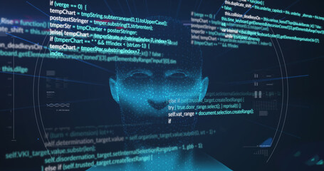 Wall Mural - image of digital head and data processing on blue background