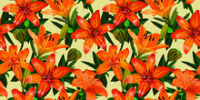 Orange Lily Flowers Vector Seamless Background