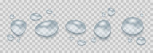 Different Realistic Transparent Water Drops, Isolated On Transparent Background. Vector Design Elements Collection.