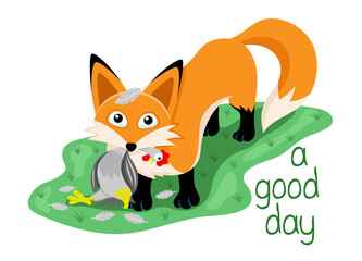 Wall Mural - Illustration for a good day with fox and chicken isolated on white background.