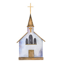 Watercolor Hand Drawn Church Chapel Illustration For Easter Decorations Landscape, Design Postcards, Posters Print.