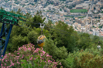 View of cable car and city Jounieh from the top of the Mount Harissa in Lebanon.