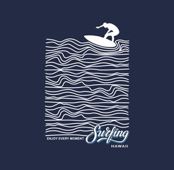 Vector illustration on the theme of surfing and surf in Hawaii. Vintage design. Grunge background. Sport typography, t-shirt graphics, print, poster, banner, flyer, postcard