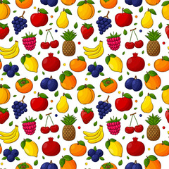 Wall Mural - Bright juicy summer fruit seamless pattern. Hand-drawn fruit with an outline. A set of fruits and berries. For summer textiles, food packaging, napkins. Color vector illustration on a white background