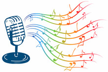 Karaoke Music Icon In Doodle Style. Vintage Microphone With Notes Vector Cartoon Illustration On White Isolated Background. Audio Equipment Concept With Bright Rainbow Melody Effect.