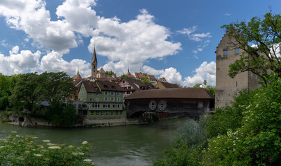 Sticker - panorama view of the Limmat River and the historic old city center of Baden