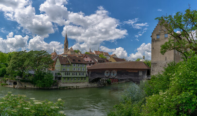 Sticker - panorama view of the Limmat River and the historic old city center of Baden