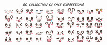 Collection Of Face Expression, Cartoon Faces. Expressive Eyes And Mouth, Smiling, Crying And Surprised Character Face Expressions