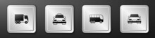 Set Delivery Cargo Truck, Taxi, Bus And Car Icon. Silver Square Button. Vector
