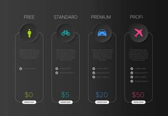 Wall Mural - Pricing table dark template with four product cards