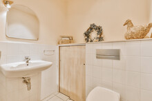 Interior of modern bathroom with ceramic sink and wicker decorations