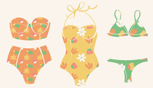 A Set Of Swimwear In A Modern Style. Different Models Of Women's Swimwear With A Floral Pattern. Summer Beach Vector Concept Design. Bathing Suits In Vintage Style. Colorful Flat Vector Illustration.