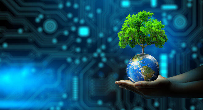 Wall Mural -  - Man hand holding Tree on Earth with technological convergence blue background. Green computing, csr, IT ethics, Nature technology interaction, and Environmental friendly. Elements furnished by NASA.