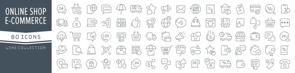 Aufkleber - E-commerce and online shopping line icons collection. Big UI icon set in a flat design. Thin outline icons pack. Vector illustration EPS10