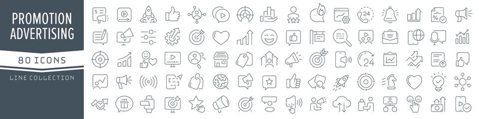 Aufkleber - Promotion and advertising line icons collection. Big UI icon set in a flat design. Thin outline icons pack. Vector illustration EPS10