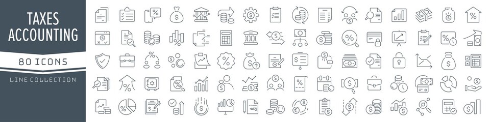 Wall Mural - Taxes and accounting line icons collection. Big UI icon set in a flat design. Thin outline icons pack. Vector illustration EPS10