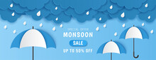 Paper Cut Of Monsoon Sale Offer Banner Template With Clouds, Rain Drop And Cute Umbrella On Blue Background. Vector Illustration