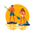 Man and woman standing on paddle board at sunset. Vector illustration in flat style